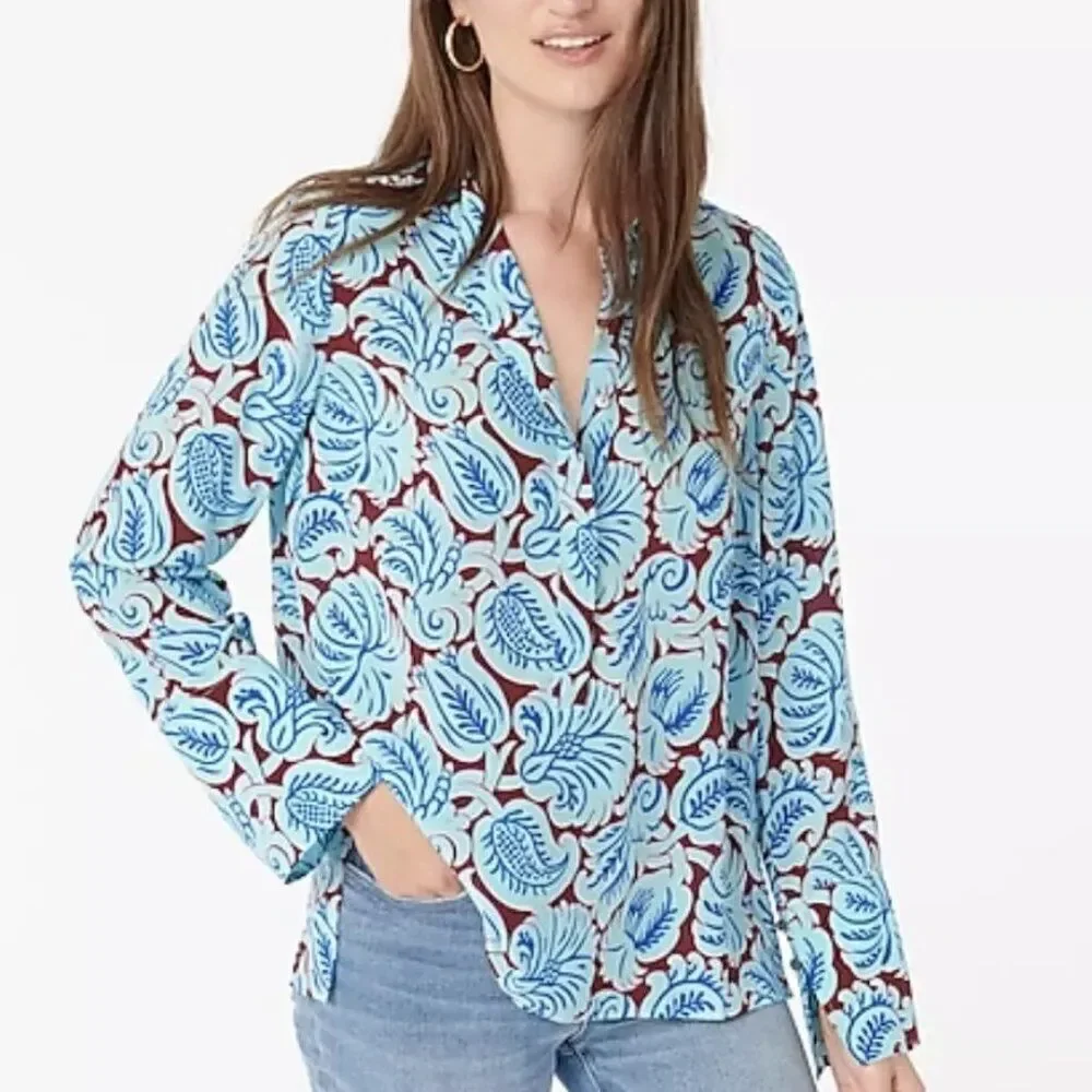 J.Crew Women's Printed Blue Silk Long Sleeves Tunic Top Side Slit Sz Small